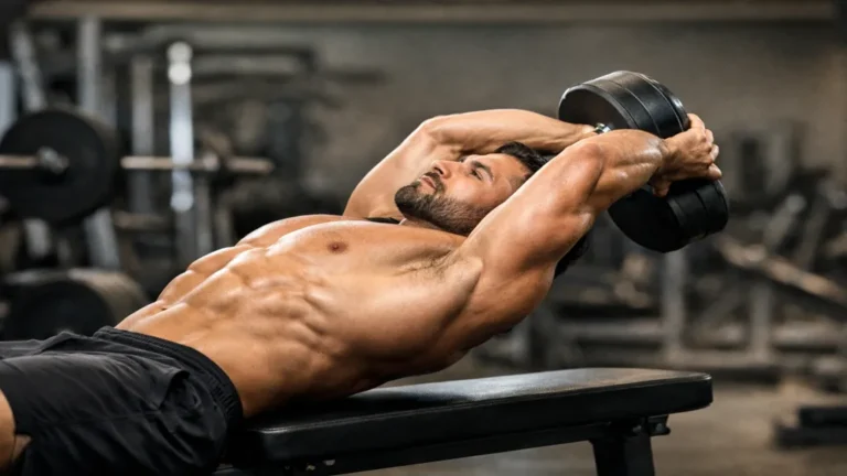Exercice de pull over haltère réalisé sur banc plat en salle de musculation, sollicitant les dorsaux, les pectoraux et les épaules avec une exécution contrôlée.