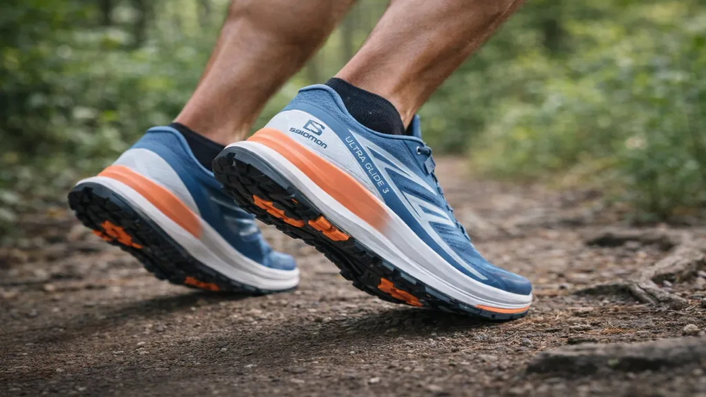 Coureur de trail en action portant des Salomon Ultra Glide 3 sur sentier forestier, chaussures de trail amorties pour longues distances