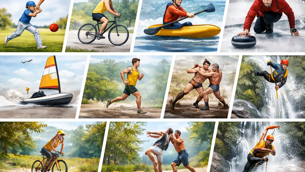 Collage réaliste montrant plusieurs sports commençant par la lettre C, dont cricket, cyclisme, canoë, curling, course à pied, catch et canyoning, pratiqués en extérieur.
