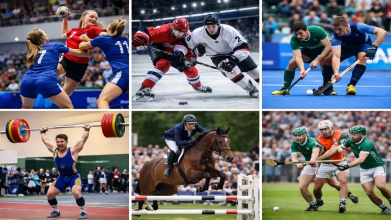 Illustration réaliste de plusieurs sports commençant par la lettre H avec des athlètes en action, incluant handball, hockey, haltérophilie, équitation et hurling.