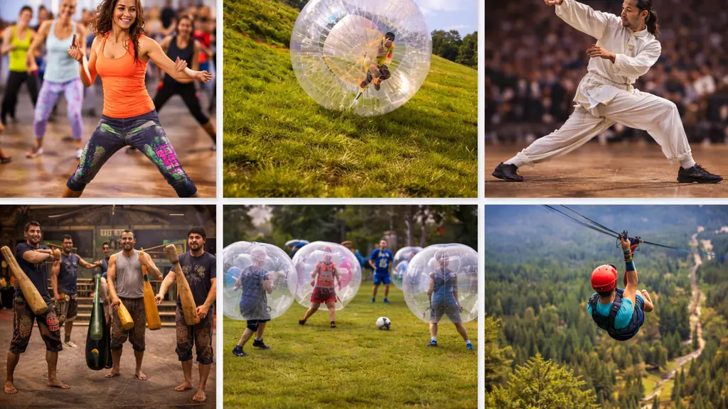 Illustration réaliste montrant plusieurs disciplines sportives commençant par la lettre Z, incluant danse fitness type Zumba, activité de loisir en bulle gonflable, art martial asiatique, sport traditionnel et descente en tyrolienne, sans texte ni éléments graphiques.
