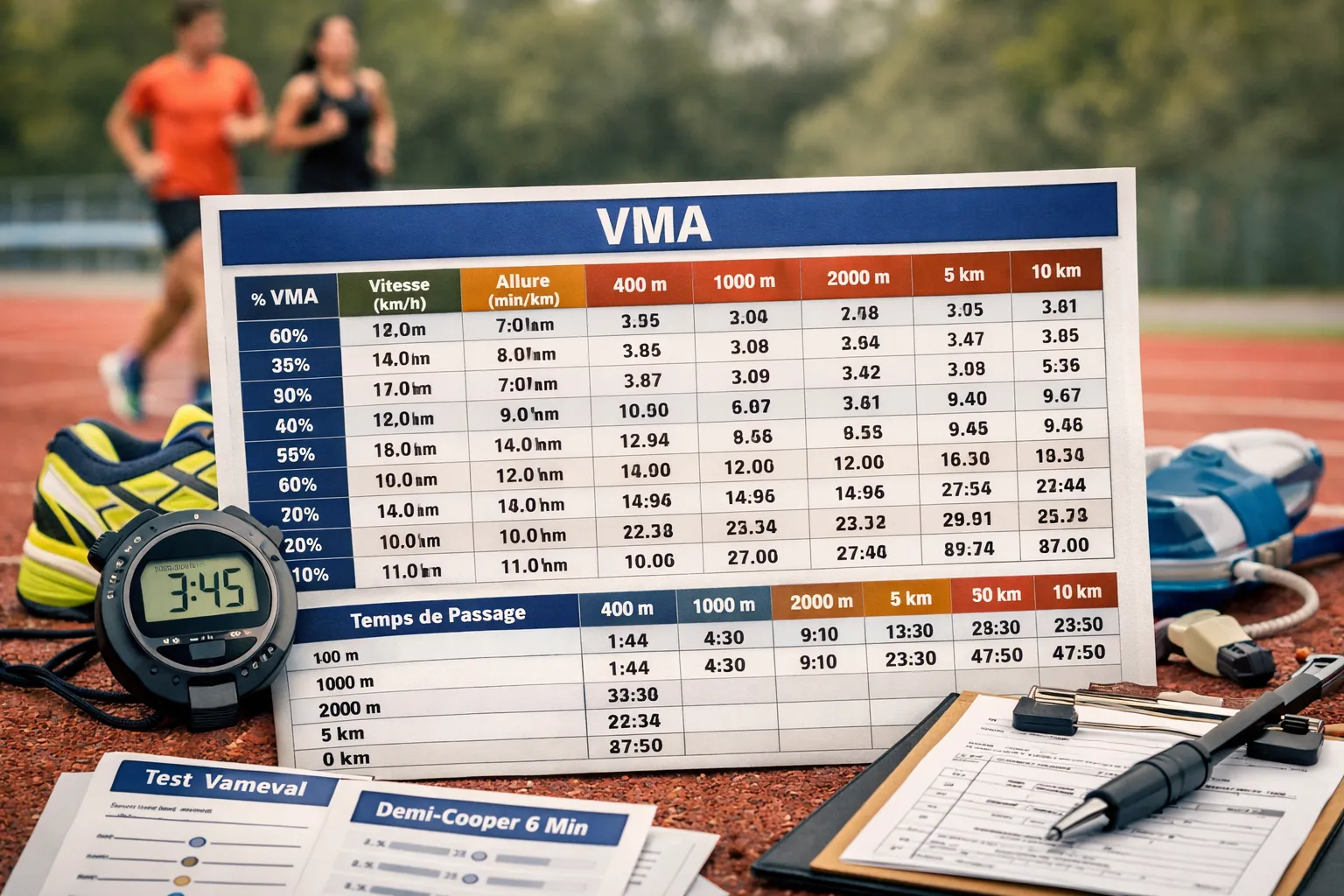 Tableau VMA illustré sur piste d’athlétisme avec coureurs en arrière-plan, utilisé pour définir les allures d’entraînement en course à pied