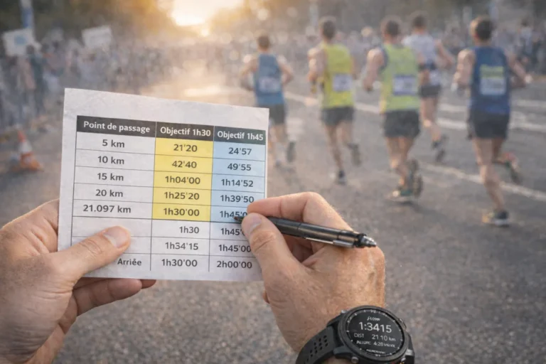 Coureur en semi-marathon consultant une fiche de temps de passage avec montre GPS pour gérer son allure et son pacing