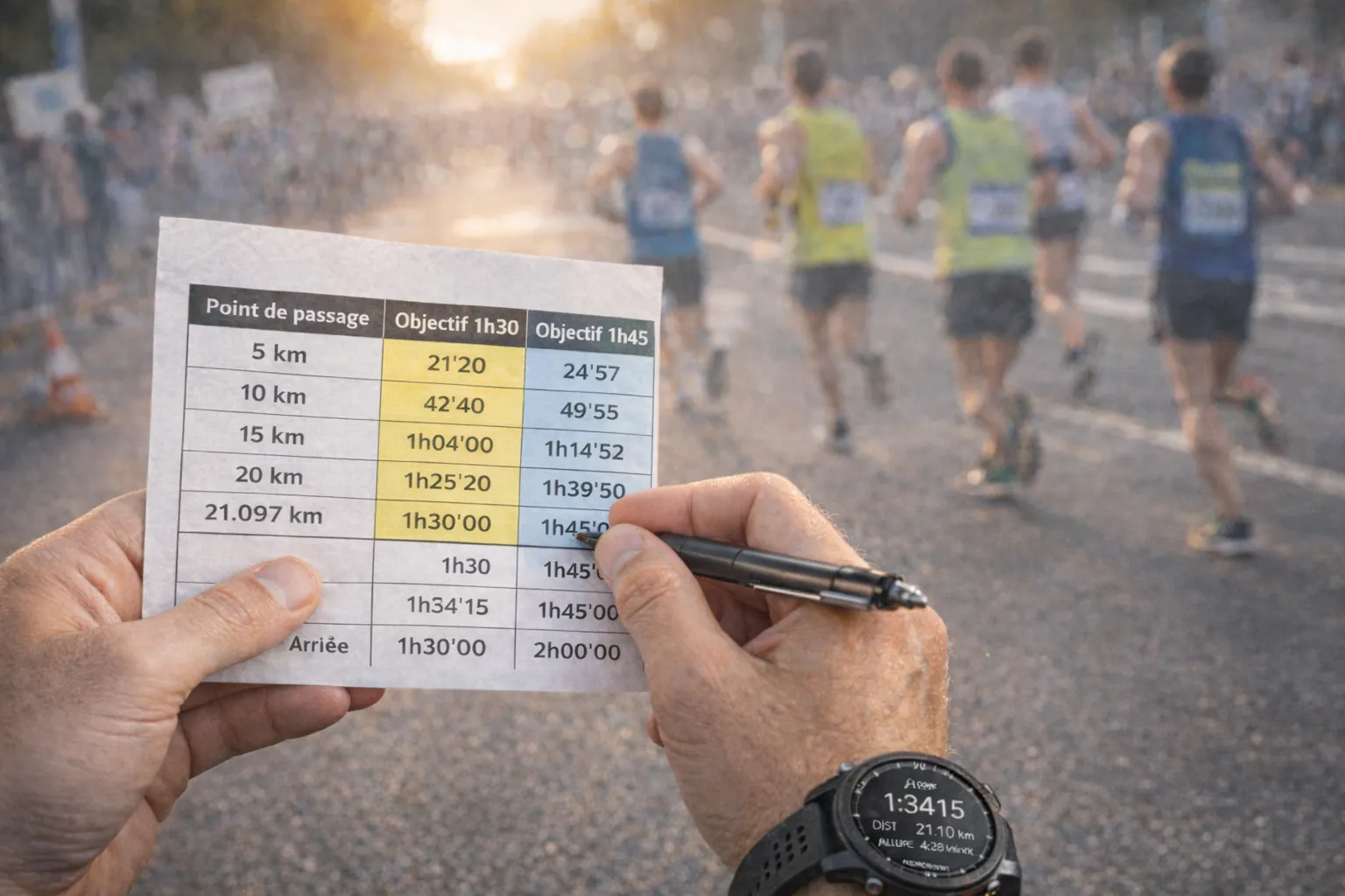 Coureur en semi-marathon consultant une fiche de temps de passage avec montre GPS pour gérer son allure et son pacing