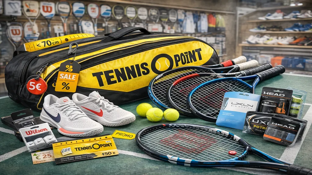 Équipement de tennis avec raquettes, chaussures, balles et accessoires disposés dans une boutique spécialisée, illustrant un site e-commerce de matériel de tennis.