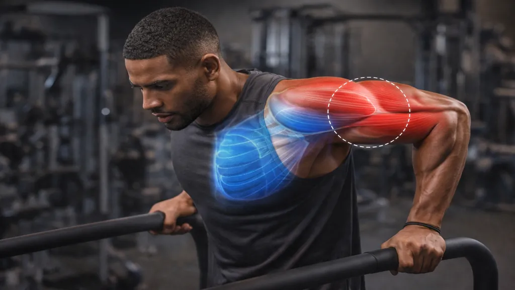 Homme réalisant des tricep dips aux barres parallèles en salle de sport, exercice de musculation ciblant principalement les triceps.