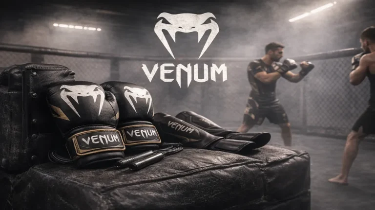 Équipements de sports de combat Venum dans une salle de MMA, gants de boxe avec logo serpent, entraînement de combattants en arrière-plan