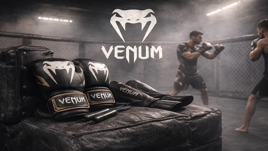 Équipements de sports de combat Venum dans une salle de MMA, gants de boxe avec logo serpent, entraînement de combattants en arrière-plan