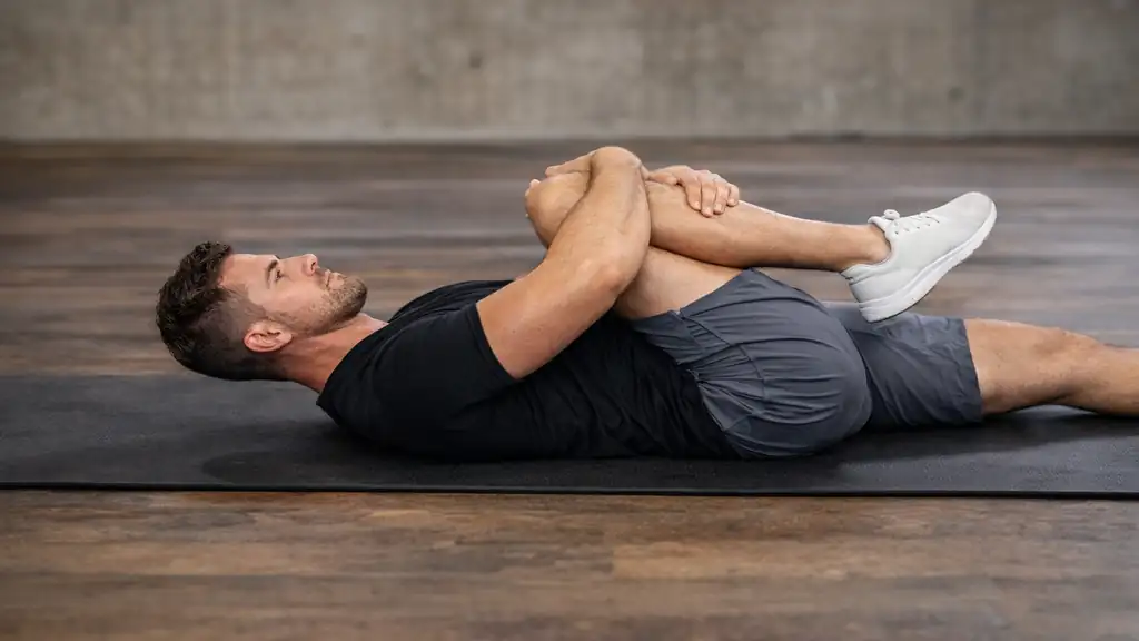 Homme allongé sur un tapis effectuant l’exercice genou-poitrine pour soulager le mal de dos et détendre les lombaires