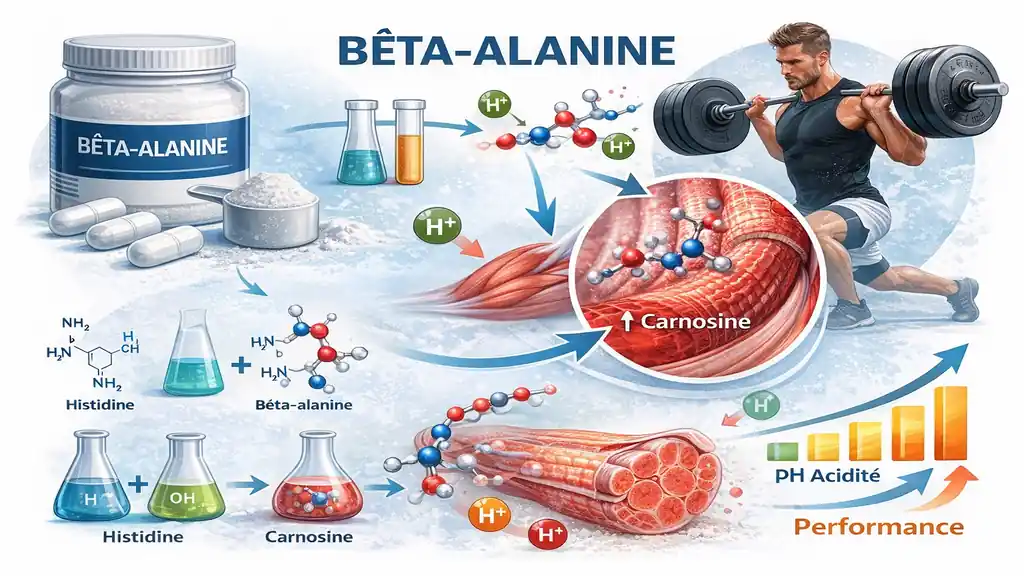 Illustration expliquant le rôle de la bêta-alanine dans la production de carnosine musculaire et la réduction de l’acidité pendant l’effort intense