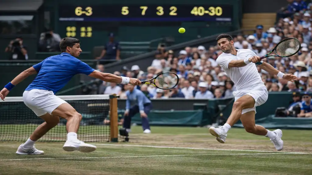 Match de tennis professionnel en simple montrant deux joueurs en plein échange sur court, illustrant le format en sets au tennis
