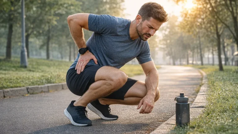 Coureur en tenue de running arrêté sur un chemin de parc, se tenant la hanche gauche avec une grimace de douleur, lumière du matin.