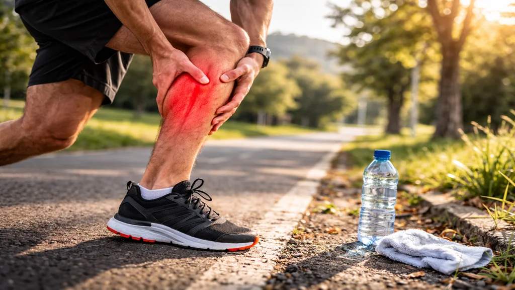 Coureur en extérieur se tenant le mollet douloureux pendant un arrêt en course à pied, illustrant une crampe ou une contracture musculaire au mollet