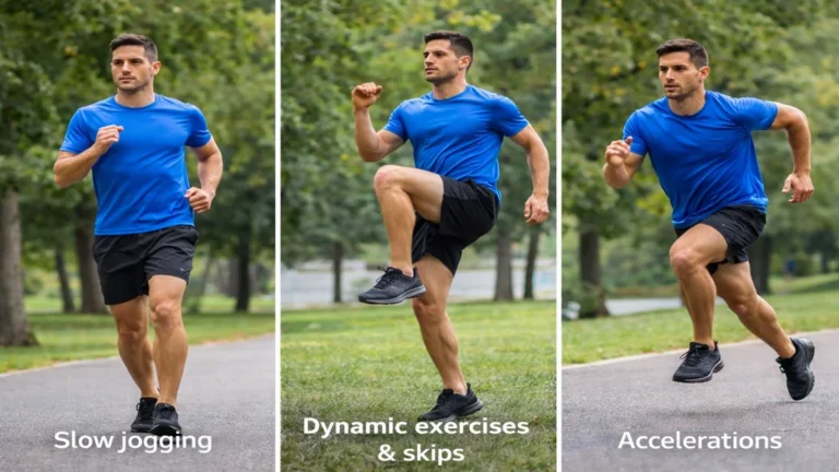 Routine d’échauffement running avec footing lent, exercices dynamiques et accélérations progressives avant une séance de course à pied