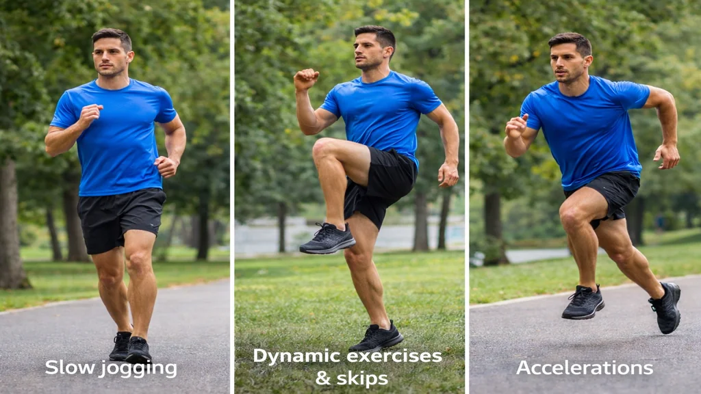 Routine d’échauffement running avec footing lent, exercices dynamiques et accélérations progressives avant une séance de course à pied