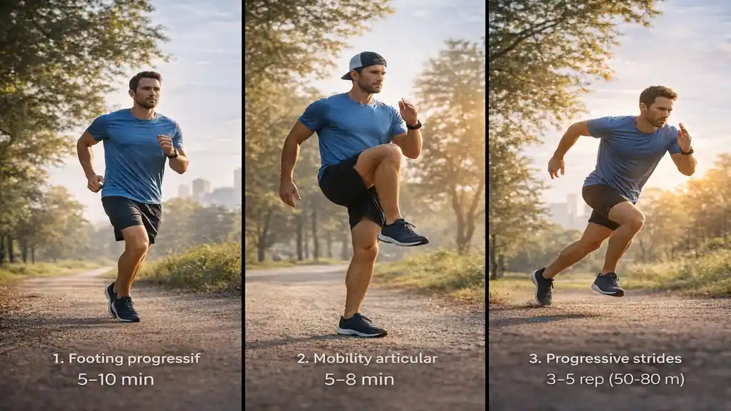 Échauffement running en trois étapes avec footing progressif, mobilité articulaire et accélérations pour préparer une séance de course à pied