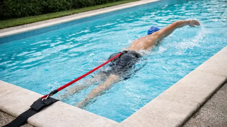 Nageur en crawl dans une piscine, ceinture de nage reliée à un élastique de résistance fixé à la margelle pour nager sur place, en plein jour.