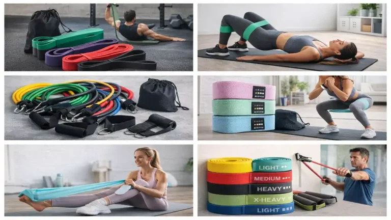 Différents types d’élastiques pour le sport utilisés en renforcement musculaire, fitness, Pilates et rééducation, avec bandes longues, mini bands et tubes avec poignées