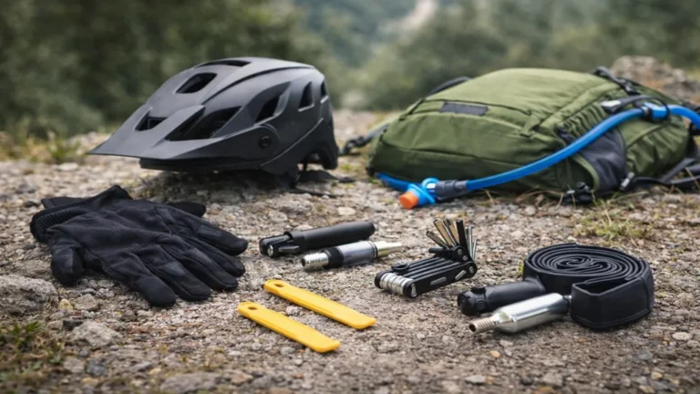 Équipement VTT indispensable comprenant casque, gants, poche à eau, multi-outil et kit anti-crevaison posés au sol en extérieur