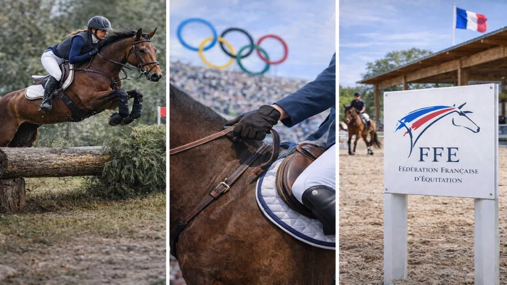 Cavalier franchissant un obstacle, scène olympique et panneau de fédération d’équitation illustrant que l’équitation est un sport, sans texte