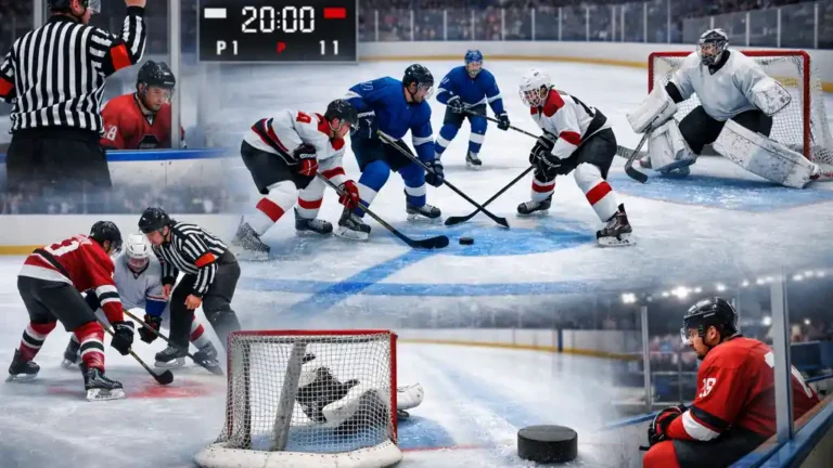 Règles hockey sur glace : mise au jeu sur une patinoire avec arbitre, joueurs et gardien en action.