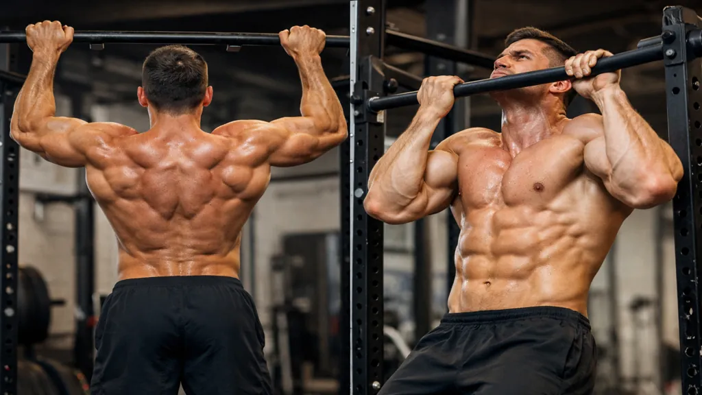 Homme réalisant des tractions en pronation et en supination montrant les muscles du dos et des biceps sollicités à la barre fixe