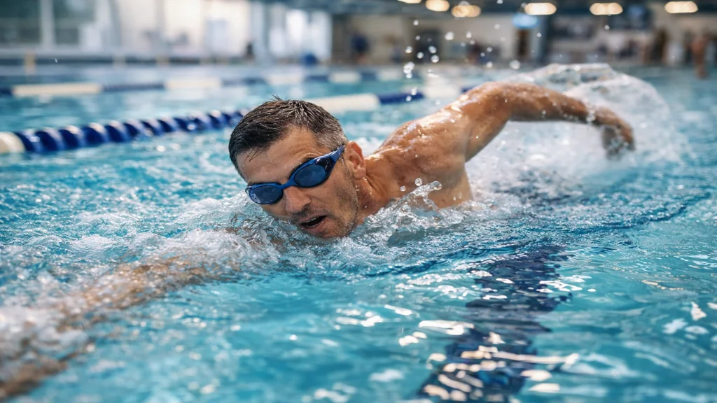 Homme nageant le crawl en piscine intérieure illustrant les résultats d’une pratique de la natation trois fois par semaine sur le souffle et la tonification musculaire