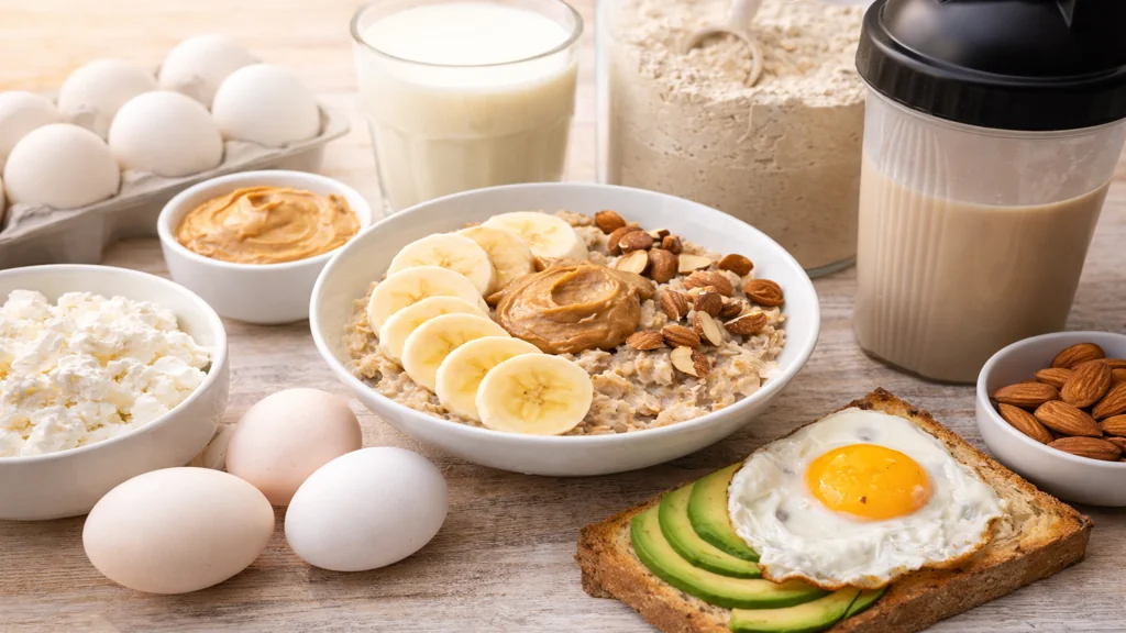 Petit déjeuner riche en protéines pour prise de masse avec porridge, œufs, beurre de cacahuète, avocat, fromage blanc et shaker protéiné sur table en bois