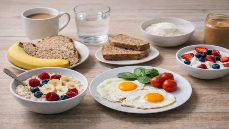 Petit déjeuner sportif équilibré avec porridge aux fruits, œufs, pain complet, yaourt grec, banane et café sur table en bois