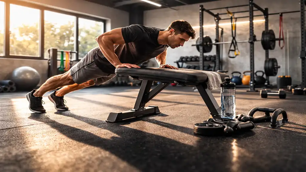 Homme effectuant des pompes inclinées sur un banc en salle de sport avec alignement corps droit et engagement des pectoraux et triceps