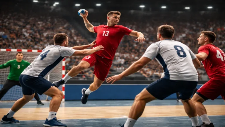 Joueur de handball en suspension tentant un tir face à plusieurs défenseurs et au gardien lors d’un match en salle illustrant les différents postes du handball