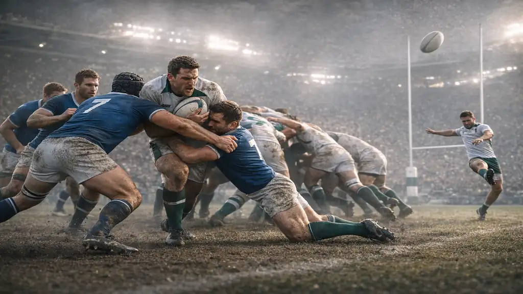 Action de match de rugby à XV avec plaquage, mêlée en arrière-plan et tentative de transformation entre les poteaux