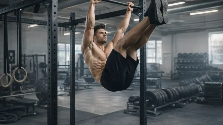 Athlète réalisant un relevé de jambes suspendu à une barre de traction en salle de sport, gainage et abdominaux engagés.
