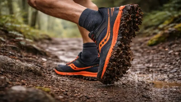 Chaussure de trail Saucony Peregrine 14 portée par un coureur en pleine sortie sur sentier boueux et technique