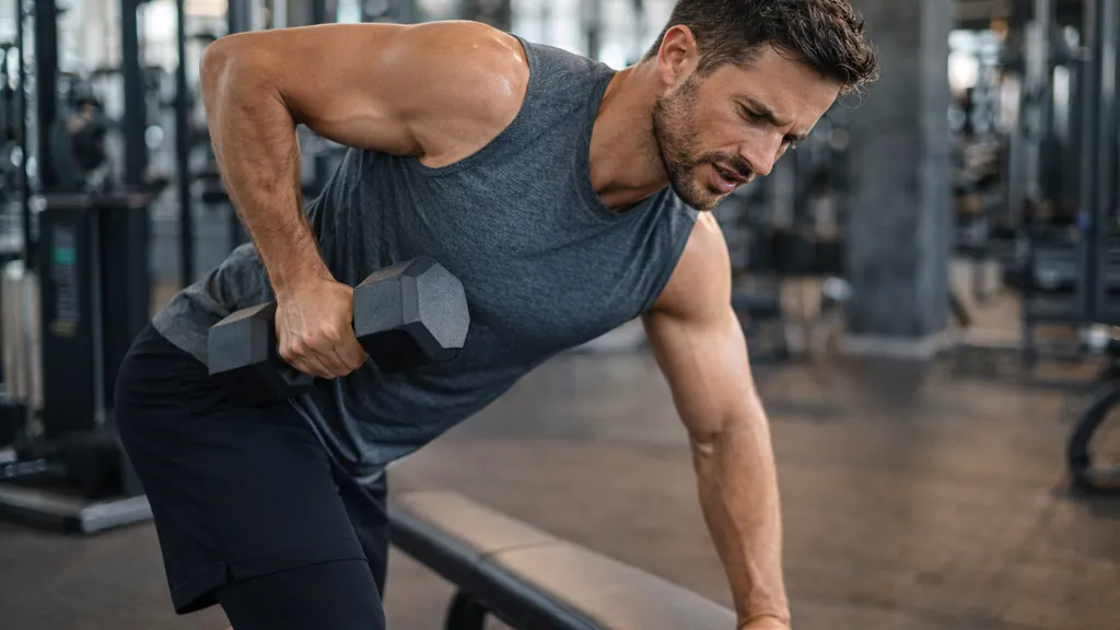 Homme réalisant un rowing haltère buste penché sur banc en salle de sport, focus sur le travail du dos, ambiance moderne et lumineuse.