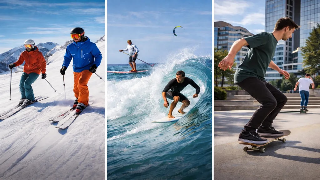 Montage réaliste illustrant un sport de glisse avec ski sur neige, surf et paddle sur l’eau, et skateboard en milieu urbain, sans texte