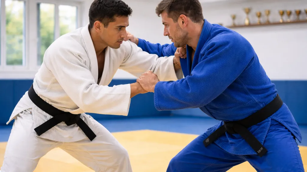 Deux judokas en kimono blanc et bleu s’affrontent en prise de garde sur un tatami dans un dojo lumineux, illustrant le judo.