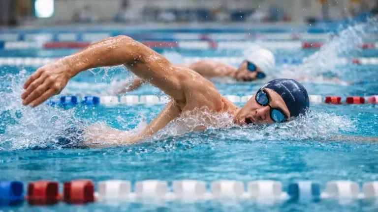 Nageur en crawl dans une piscine intérieure en compétition, bonnet et lunettes, éclaboussures au premier plan et lignes d’eau en arrière-plan.