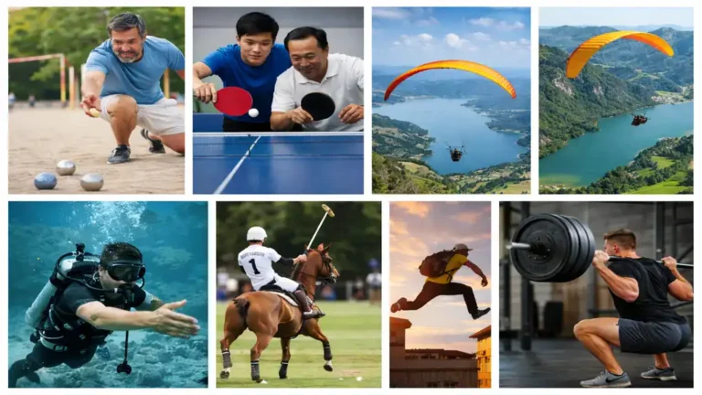 Illustration regroupant plusieurs sports commençant par la lettre P comme la pétanque, le ping-pong, le parapente, la plongée, le polo et le parkour