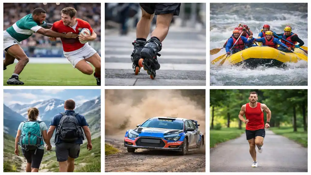 Illustration représentant plusieurs sports commençant par la lettre R comme le rugby, le roller, le rafting, la randonnée, le rallye automobile et le running