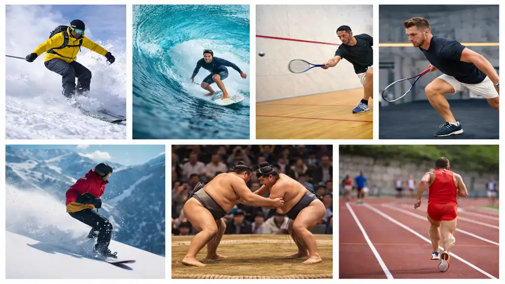 Illustration représentant plusieurs sports commençant par la lettre S comme le ski, le surf, le squash, le snowboard, le sumo et le sprint