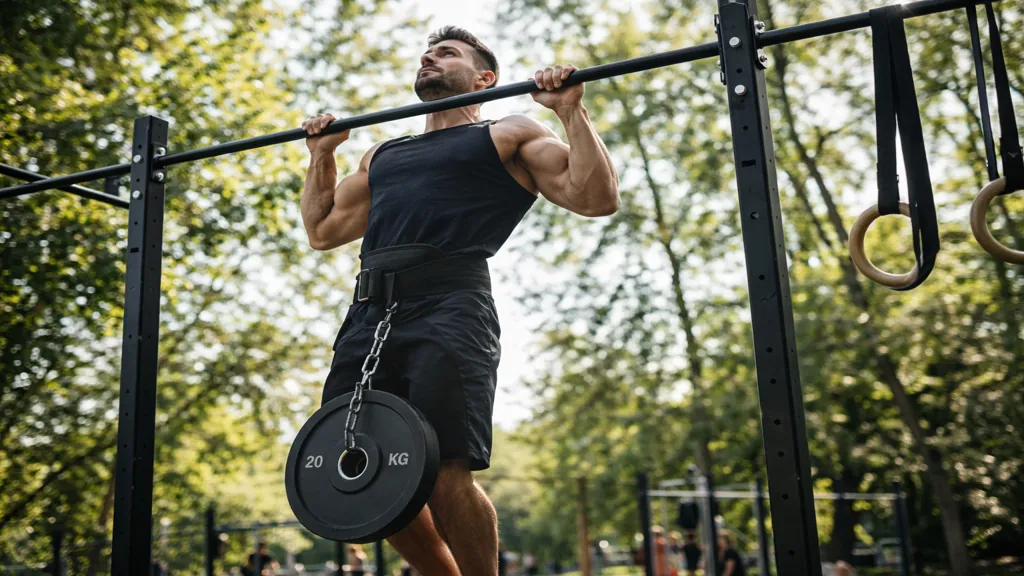 Athlète réalisant une traction lestée en street lifting avec ceinture de lest et disque de 20 kg suspendu en extérieur sur barre fixe