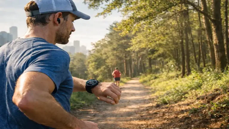 Coureur consultant sa montre Suunto Run GPS AMOLED ultra légère lors d’un entraînement running sur chemin forestier