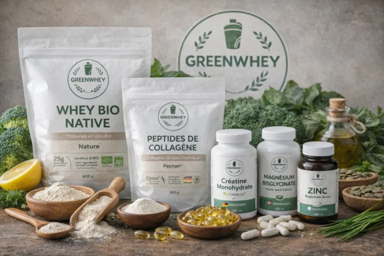 Compléments GreenWhey avec whey native bio, collagène, créatine, magnésium et zinc présentés sur une table avec ingrédients naturels