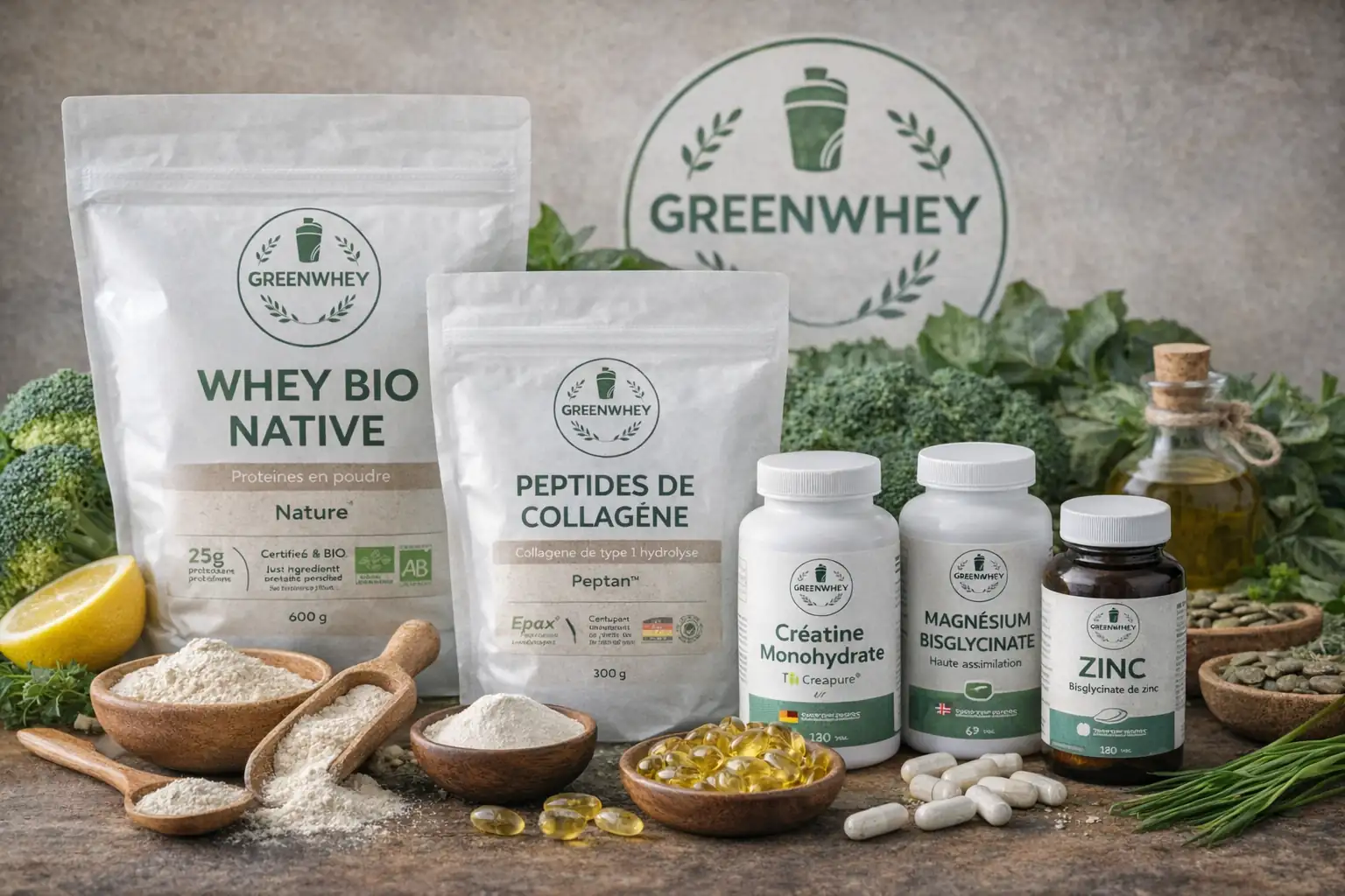 Compléments GreenWhey avec whey native bio, collagène, créatine, magnésium et zinc présentés sur une table avec ingrédients naturels