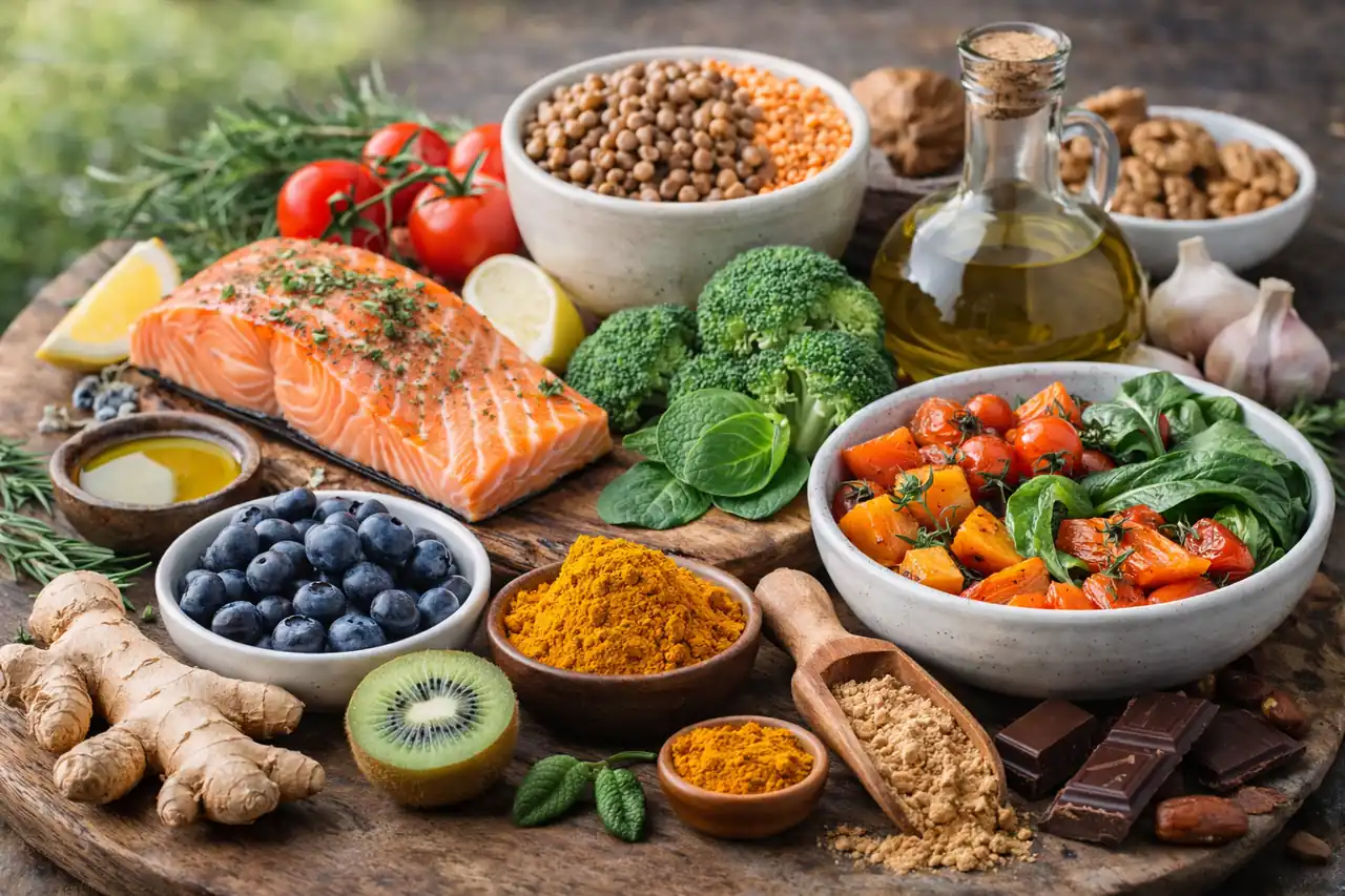Aliments anti-inflammatoires avec saumon, lentilles, légumes colorés, myrtilles, huile d’olive, curcuma, gingembre et chocolat noir sur table rustique