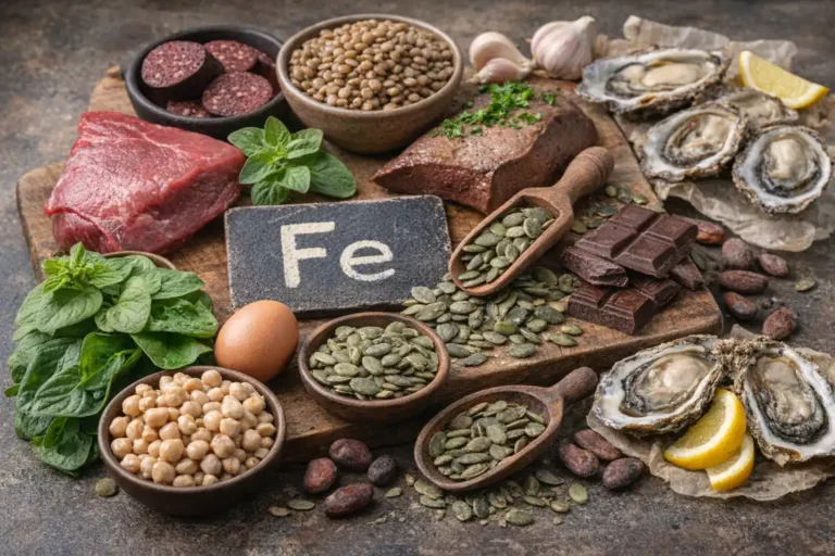 Sélection d’aliments riches en fer avec viande rouge, boudin noir, foie, lentilles, pois chiches, graines de courge, huîtres et chocolat noir sur planche rustique