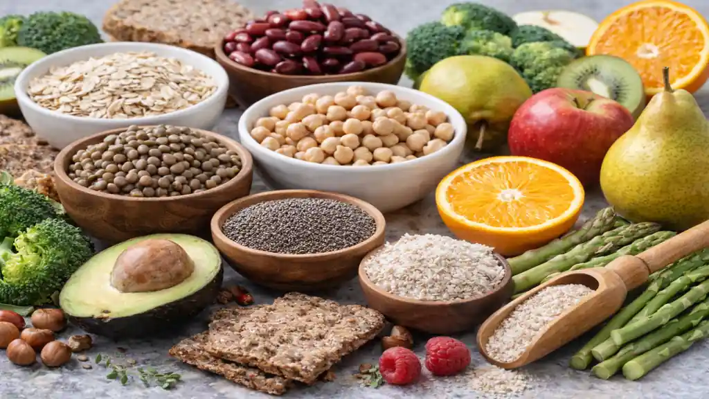 aliments riches en fibres legumes fruits graines chia lentilles avoine et cereales completes alimentation saine