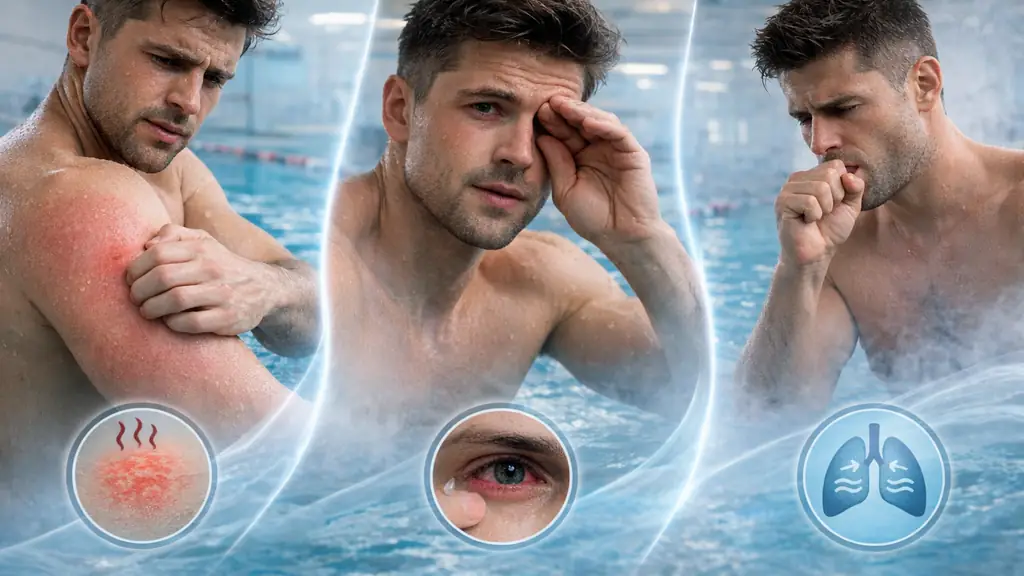 Irritation après piscine : peau rouge, yeux irrités et toux liés au chlore et aux chloramines en piscine couverte.