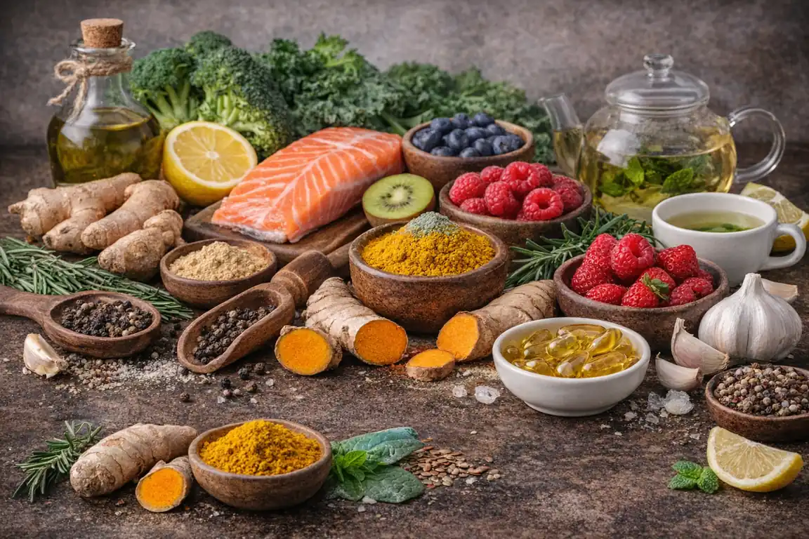 Aliments anti-inflammatoires naturels avec curcuma, gingembre, saumon, fruits rouges, ail, huile d’olive, thé vert et herbes fraîches sur table rustique